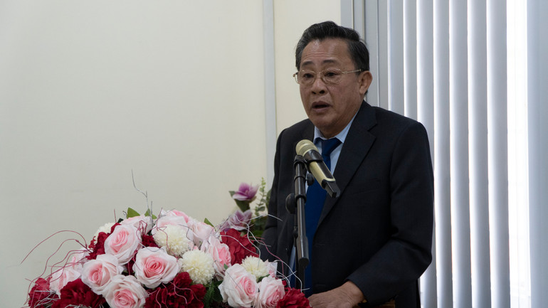 Ông Leng Rithy, Chủ tịch Hiệp hội Doanh nghiệp Việt Nam-Campuchia phát biểu ý kiến. (Ảnh NGUYỄN HIỆP)