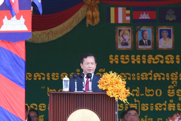 Thủ tướng Vương quốc Campuchia Samdech Moha Bovor Thipadei Hun Manet đọc diễn văn tại lễ kỷ niệm. (Ảnh: Fresh News)