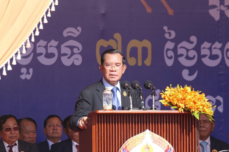 Chủ tịch CPP Samdech Techo Hun Sen phát biểu tại lễ kỷ niệm. (Ảnh: Fresh News)