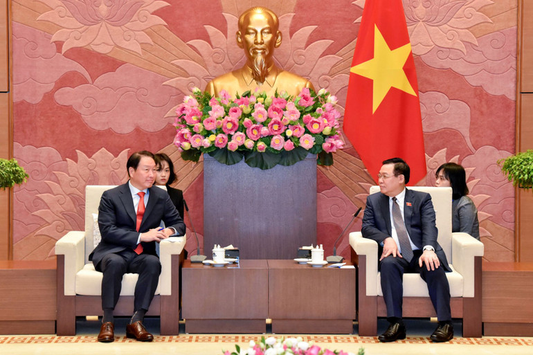 Chủ tịch Quốc hội Vương Đình Huệ và Chủ tịch Tập đoàn SK Hàn Quốc Chey Tae-won tại buổi tiếp.