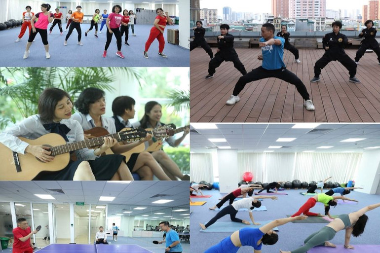 Để cán bộ nhân viên được thỏa sức phát huy những đam mê sở thích của bản thân, hàng loạt câu lạc bộ thể thao như yoga, jumba, võ thuật, gym, guitar,… được thành lập, tạo môi trường giao lưu giữa cán bộ nhân viên với nhau. Để cán bộ nhân viên được thỏa sức phát huy những đam mê sở thích của bản thân, hàng loạt câu lạc bộ thể thao như yoga, jumba, võ thuật, gym, guitar,… được thành lập, tạo môi trường giao lưu giữa cán bộ nhân viên với nhau.