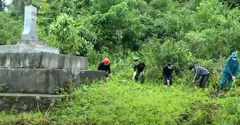 Một buổi phát quang đường biên, cột mốc của Tổ tự quản thôn Lùng Vần Chải, xã Xín Cái. (Ảnh Trang Nhung)