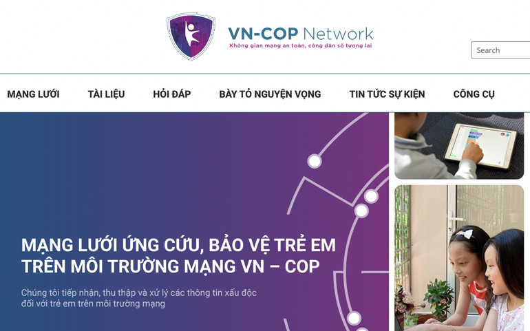 Giao diện Website Mạng lưới ứng cứu, bảo vệ trẻ em trên môi trường mạng VN-COP (Ảnh chụp màn hình website)