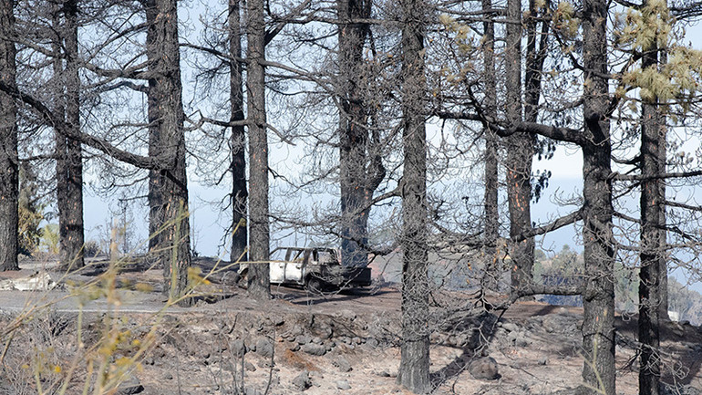Một chiếc ô-tô bị ngọn lửa rừng thiêu rụi vào rạng sáng thứ 7 (15/7), tại thành phố Puntagorda, đảo La Palma. (Ảnh: EFE)