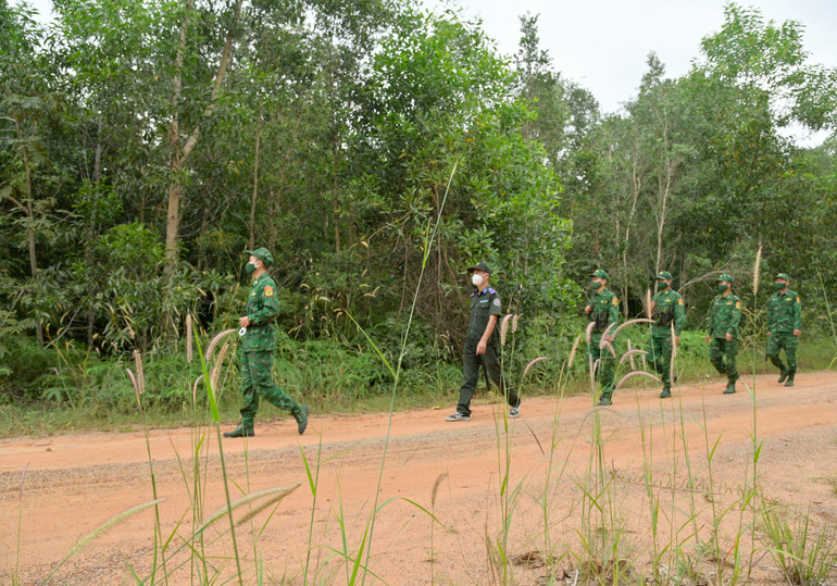 Cán bộ, chiến sĩ Đồn Biên phòng Xà Lực phối hợp kiểm lâm tuần tra bảo vệ diện tích rừng phụ trách. (Ảnh: TIẾN VINH)