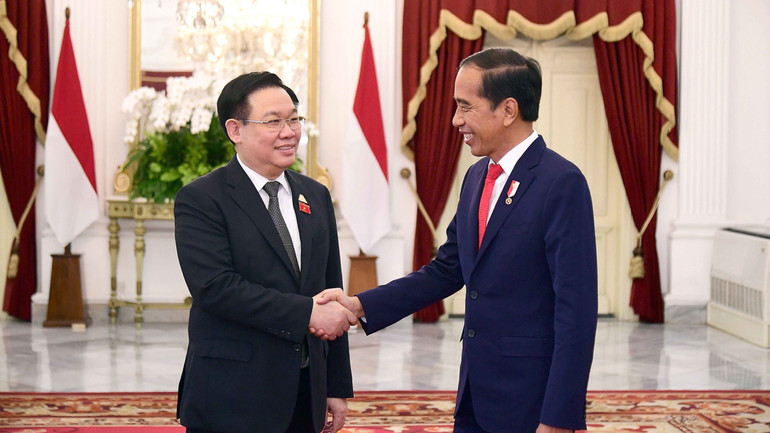 Chủ tịch Quốc hội Vương Đình Huệ có cuộc hội kiến với Tổng thống Indonesia Joko Widodo. (Ảnh: TTXVN)