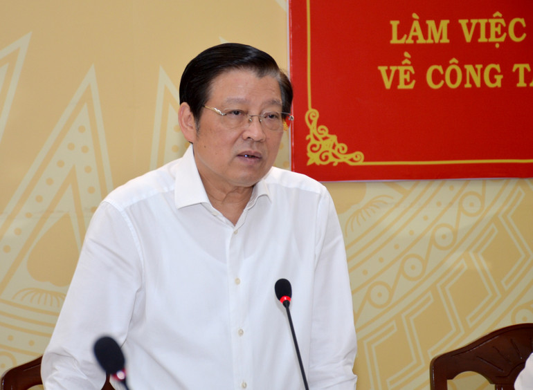 Đồng chí Phan Đình Trạc, Ủy viên Bộ Chính trị, Bí thư Trung ương Đảng, Trưởng Ban Nội chính Trung ương phát biểu chỉ đạo tại buổi làm việc.