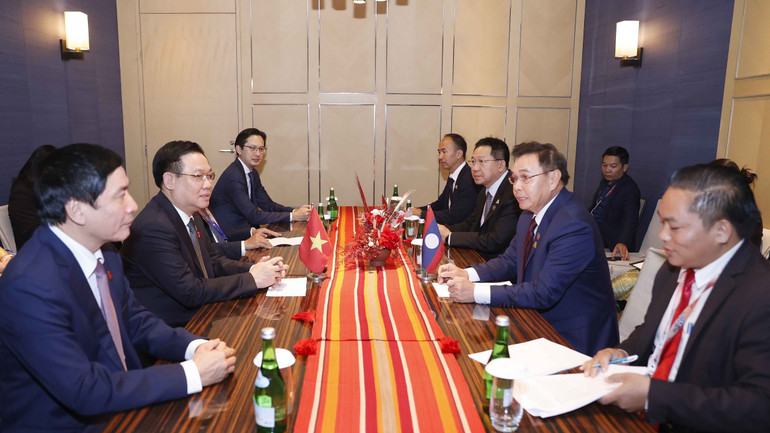 Chủ tịch Quốc hội Vương Đình Huệ gặp Chủ tịch Quốc hội Lào Saysomphone Phomvihane. (Ảnh: Doãn Tấn/TTXVN)