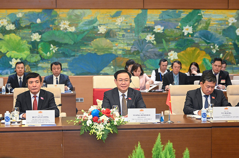 Chủ tịch Quốc hội Vương Đình Huệ phát biểu tại buổi hội đàm. (Ảnh: DUY LINH)