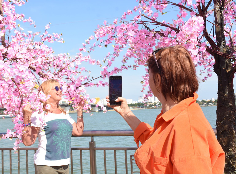 Du khách nước ngoài chụp ảnh lưu niệm tại đường hoa xuân Đà Nẵng.