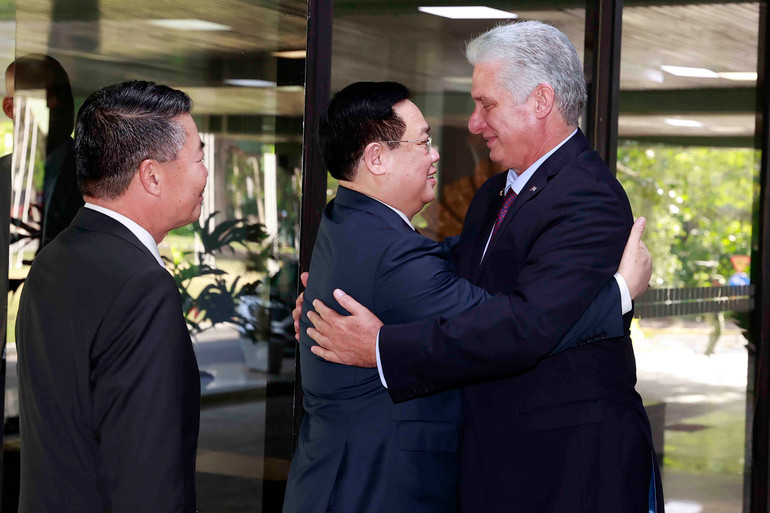 Bí thư Thứ nhất Ban Chấp hành Trung ương Đảng Cộng sản Cuba, Chủ tịch nước Cộng hòa Cuba Miguel Díaz-Canel đón Chủ tịch Quốc hội Vương Đình Huệ đến dự phiên họp. (Ảnh: DOÃN TẤN)