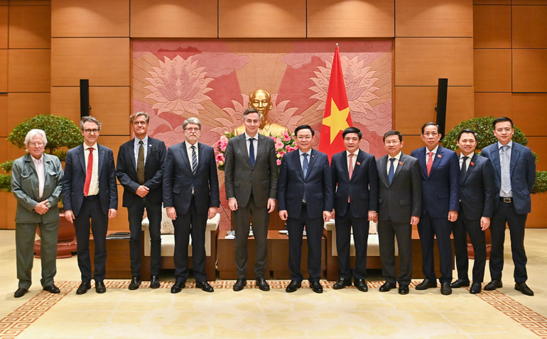 Chủ tịch Quốc hội Vương Đình Huệ và Chủ tịch Ủy ban Đối ngoại của Nghị viện châu Âu David McAllister chụp ảnh lưu niệm cùng đại biểu hai nước tại buổi tiếp.