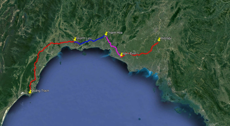 Dự kiến hướng tuyến Đường dây 500kV mạch 3 từ Quảng Trạch đến Phố Nối.