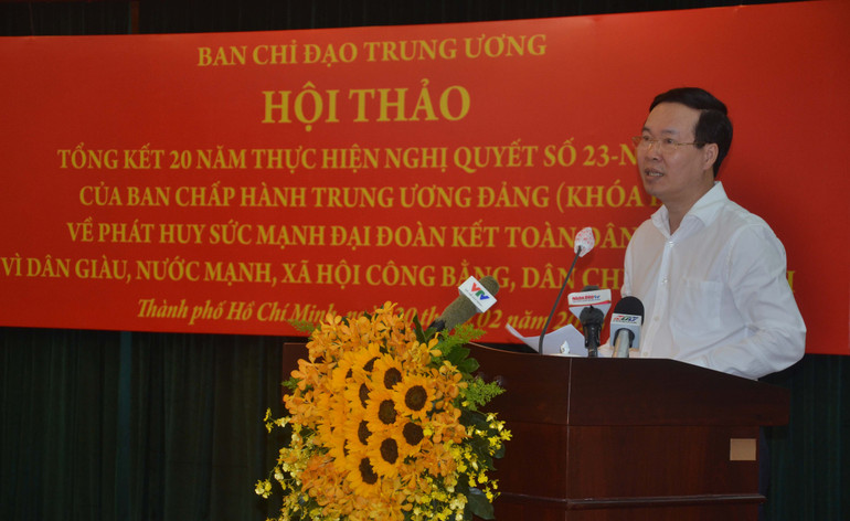 Đồng chí Võ Văn Thưởng, Ủy viên Bộ Chính trị, Thường trực Ban Bí thư, Trưởng Ban Chỉ đạo Trung ương tổng kết Nghị quyết số 23-NQ/TW, phát biểu kết luận Hội thảo.