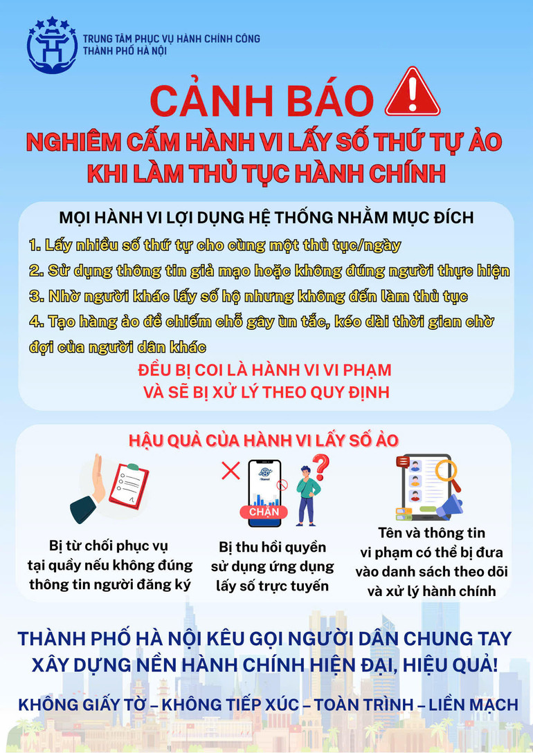 Thành phố Hà Nội yêu cầu người dân nghiêm túc tuân thủ các quy định khi đăng ký lấy số thứ tự qua ứng dụng iHanoi hoặc tại Trung tâm Phục vụ Hành chính công thành phố.