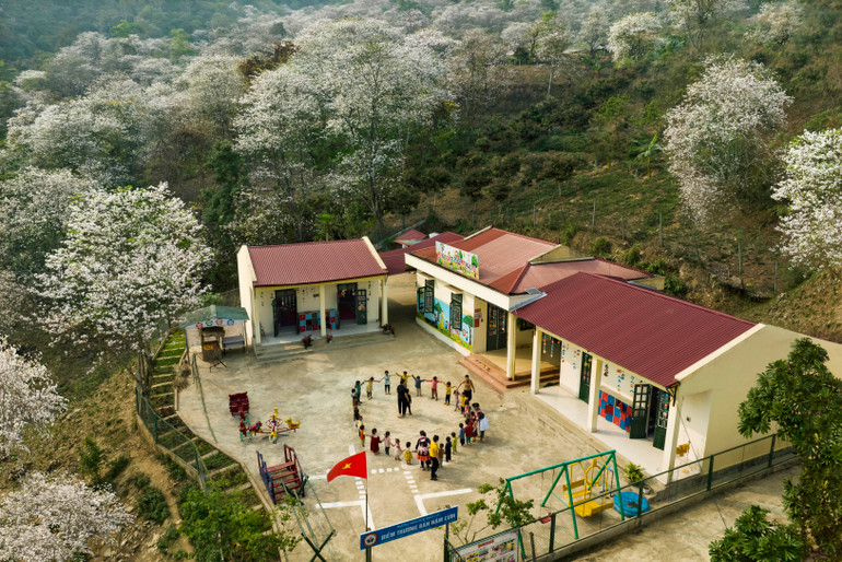 Trường của em be bé, nằm ở giữa rừng ban.