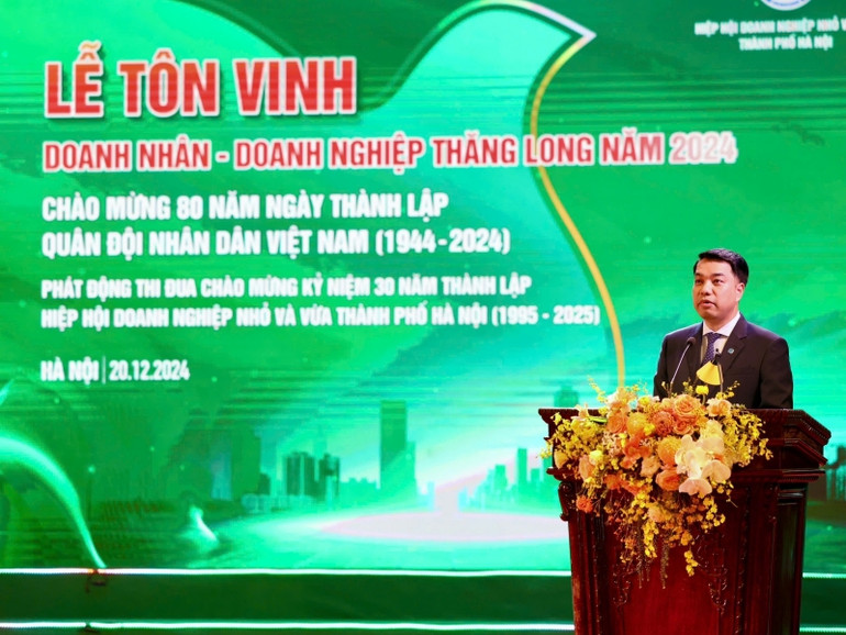 Phó Chủ tịch kiêm Tổng Thư ký Hiệp hội doanh nghiệp nhỏ và vừa thành phố Hà Nội Mạc Quốc Anh phát biểu tại chương trình.