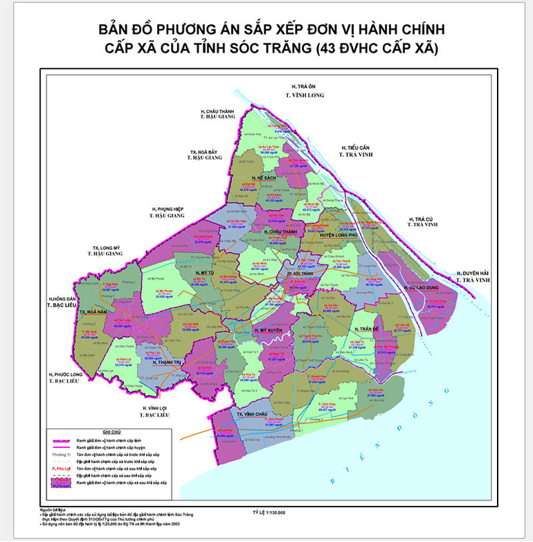 Dự thảo bản đồ 43 đơn vị hành chính cấp xã của tỉnh Sóc Trăng.