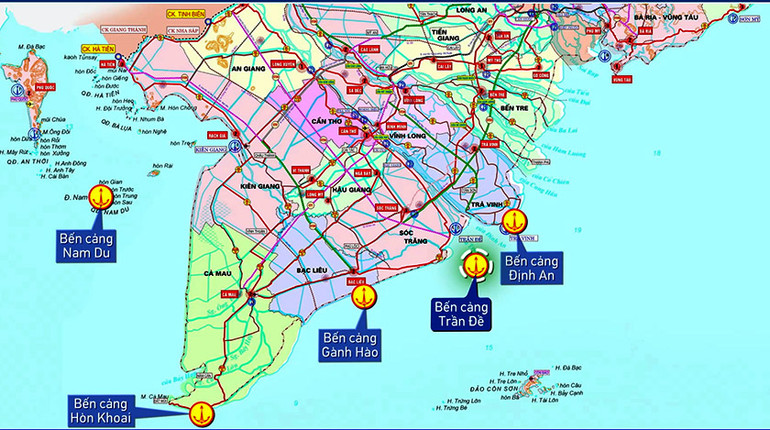 Các địa điểm quy hoạch cảng cửa ngõ tại đồng bằng sông Cửu Long.
