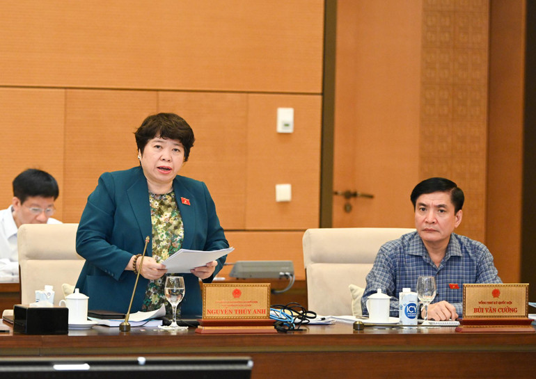 Chủ nhiệm Ủy ban Xã hội của Quốc hội Nguyễn Thúy Anh trình bày báo cáo tại phiên họp. (Ảnh: DUY LINH)