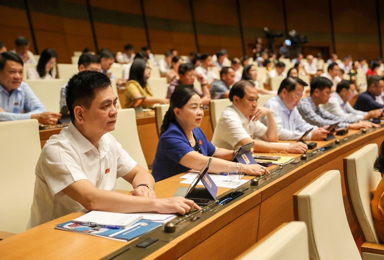 Các đại biểu Quốc hội biểu quyết thông qua Luật Phòng thủ dân sự. (Ảnh: DUY LINH)