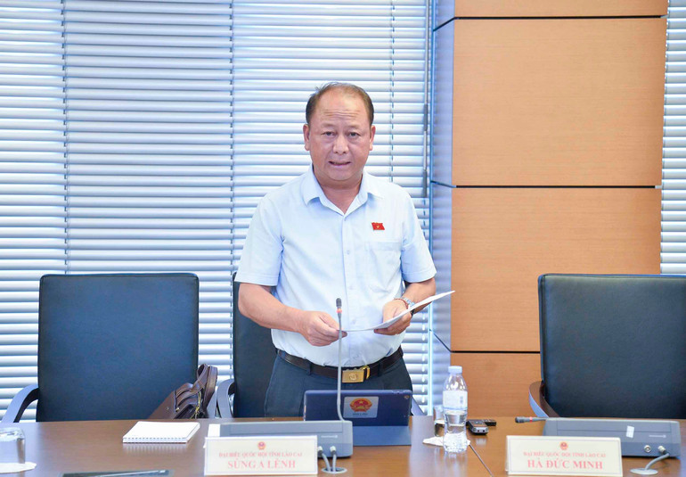 Đại biểu Sùng A Lềnh (Lào Cai) phát biểu thảo luận tại Tổ 5. (Ảnh: THỦY NGUYÊN)