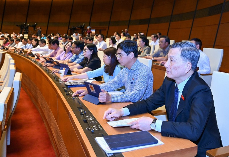 Các đại biểu Quốc hội biểu quyết thông qua Luật Hợp tác xã (sửa đổi). (Ảnh: DUY LINH)