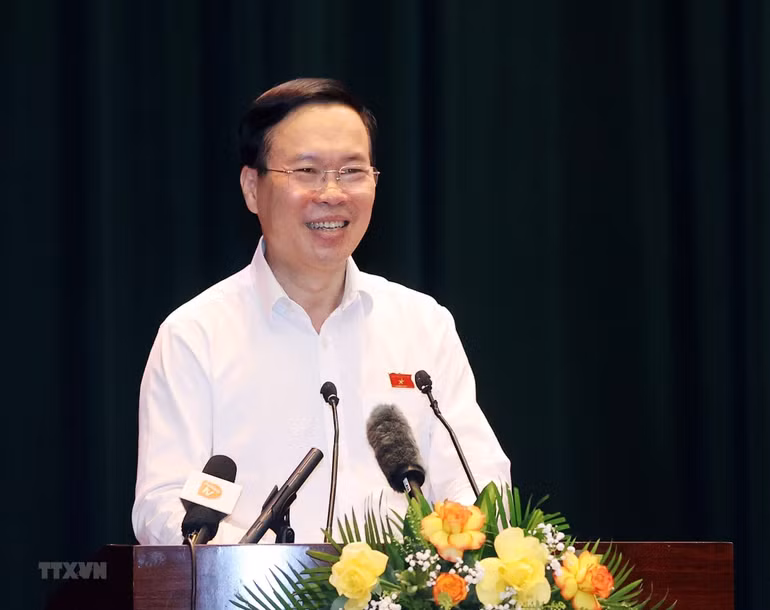 Chủ tịch nước Võ Văn Thưởng phát biểu với cử tri Đà Nẵng. (Ảnh: TTXVN)