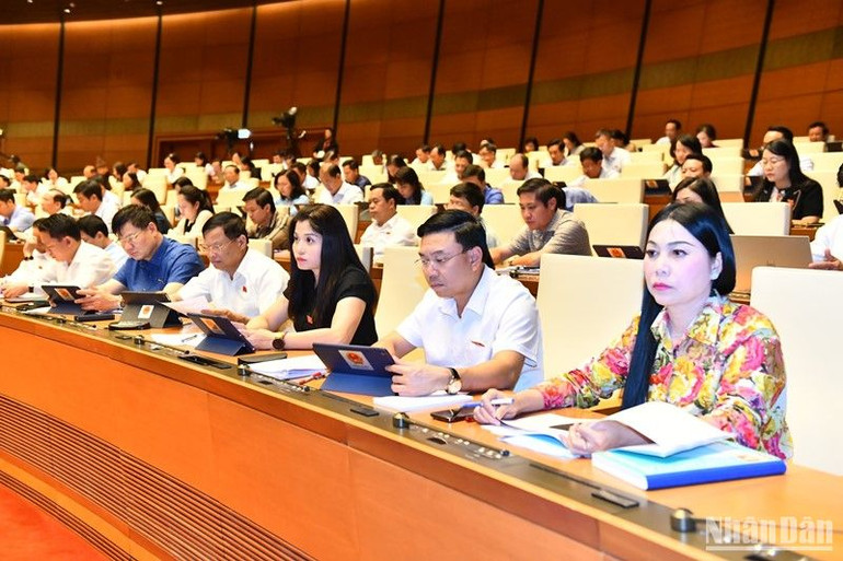 Các đại biểu Quốc hội làm việc tại hội trường chiều 23/5. (Ảnh: ĐĂNG KHOA)