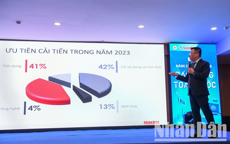 Đồng chí Lê Quốc Minh - Ủy viên Trung ương Đảng, Tổng Biên tập Báo Nhân Dân, Phó Trưởng Ban Tuyên giáo Trung ương, Chủ tịch Hội Nhà báo Việt Nam trình bày Báo cáo tổng quan tình hình chung về hệ thống báo Đảng cả nước.