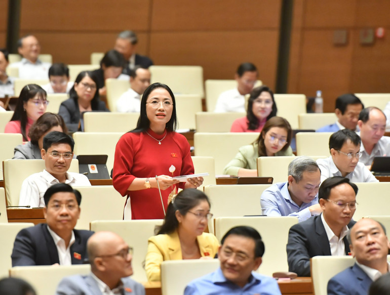 Đại biểu Trần Khánh Thu (Thái Bình) đặt câu hỏi chất vấn tại phiên họp. (Ảnh: ĐĂNG KHOA)