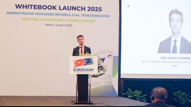 Đại sứ EU tại Việt Nam, ông Julien Guerrier phát biểu. (Ảnh: TRUNG HƯNG)