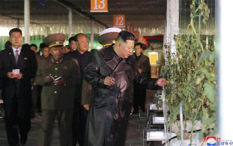 Nhà lãnh đạoTriều Tiên Kim Jong Un thăm quan các nhà kính. Ảnh: KCNA