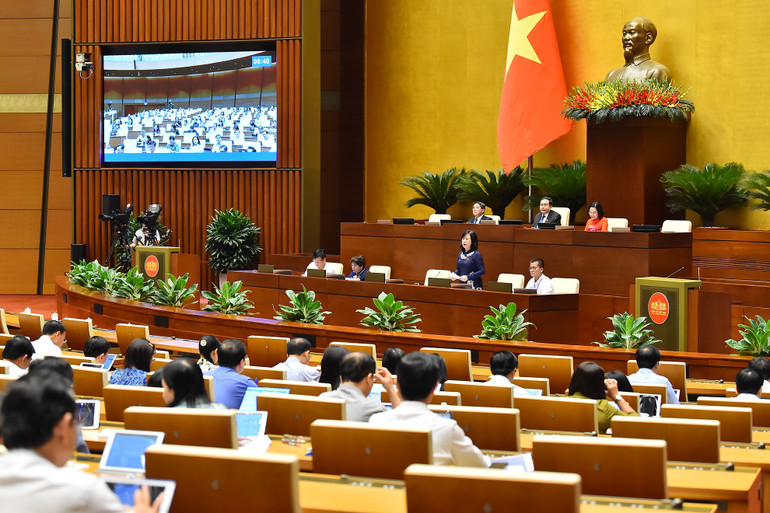 Bộ trưởng Y tế Đào Hồng Lan giải trình, làm rõ một số vấn đề các đại biểu Quốc hội nêu tại phiên thảo luận. (Ảnh: THỦY NGUYÊN)