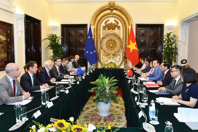 Quang cảnh hội đàm giữa Bộ trưởng Ngoại giao Bùi Thanh Sơn và Phó Chủ tịch EC, Đại diện cấp cao EU về chính sách đối ngoại và an ninh Josep Borrell Fontelles. (Ảnh: THỦY NGUYÊN)