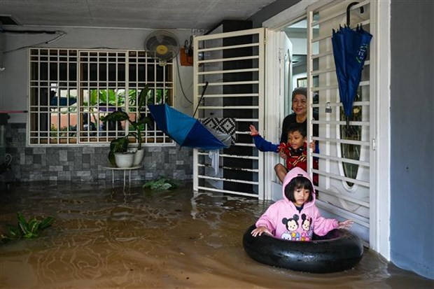 Nhiều ngôi nhà chìm trong nước lũ sau những trận mưa lớn ở Yong Peng, bang Johor (Malaysia), ngày 4/3/2023. (Ảnh: AFP/TTXVN)