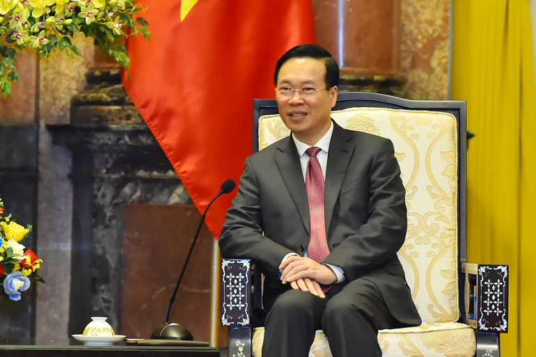 Chủ tịch nước Võ Văn Thưởng phát biểu tại buổi tiếp Thủ tướng nước Cộng hòa Dân chủ Nhân dân Lào Sonexay Siphandone.