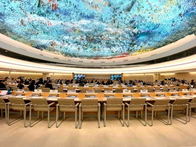 Toàn cảnh phiên đối thoại về báo cáo quốc gia theo Cơ chế rà soát định kỳ phổ quát (UPR) chu kỳ IV của Hội đồng Nhân quyền Liên hợp quốc. (Ảnh: TIẾN DŨNG)