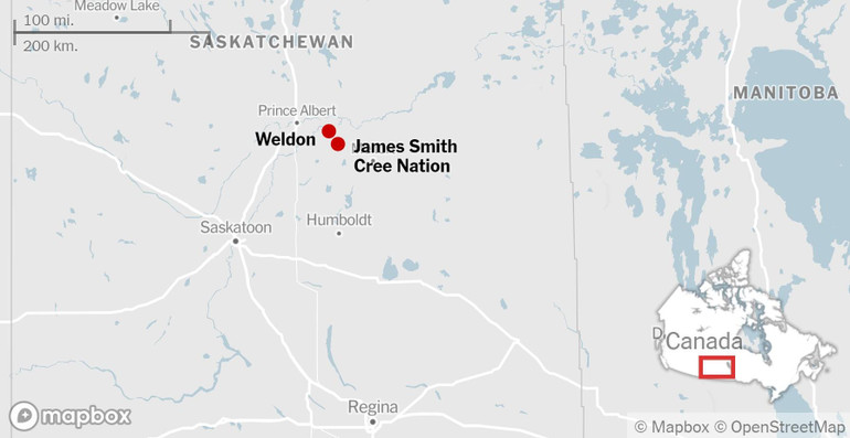 Hai địa điểm xảy ra vụ đâm dao hàng loạt ở tỉnh Saskatchewan. (Ảnh: The New York Times)