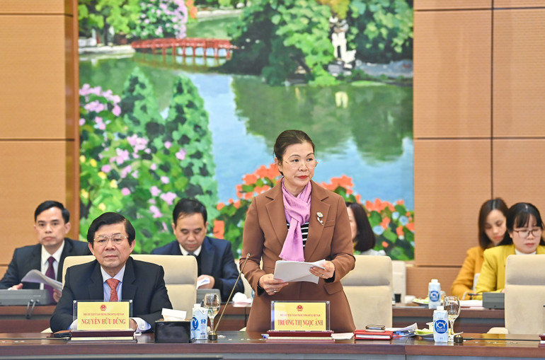 Phó Chủ tịch Ủy ban Trung ương Mặt trận Tổ quốc Việt Nam Trương Thị Ngọc Ánh trình bày dự thảo báo cáo.