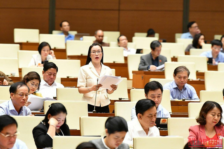 Đại biểu Trần Thị Thu Hằng (Đắk Nông) phát biểu tại phiên thảo luận. (Ảnh: THỦY NGUYÊN)