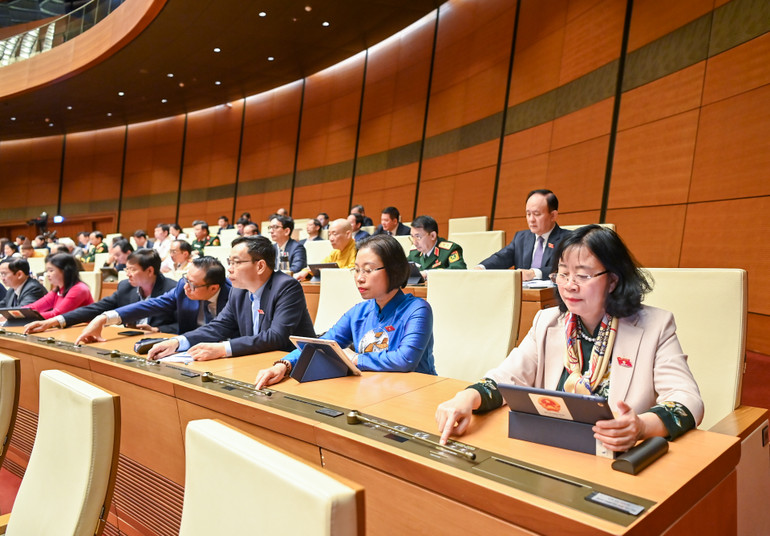 Đại biểu tham gia biểu quyết. (Ảnh: DUY LINH)