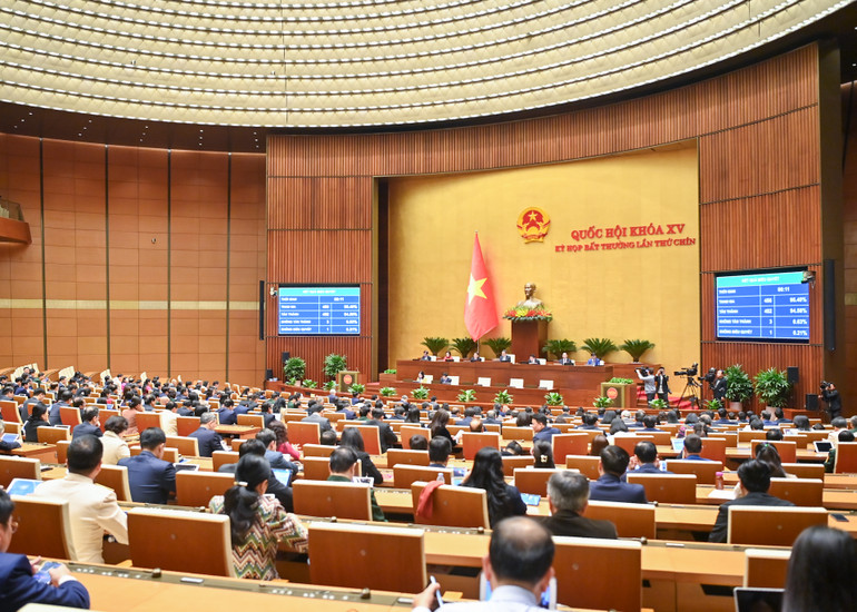 Quốc hội tiến hành biểu quyết thông qua Nghị quyết về chủ trương đầu tư Dự án đầu tư xây dựng tuyến đường sắt Lào Cai-Hà Nội-Hải Phòng. (Ảnh: DUY LINH)