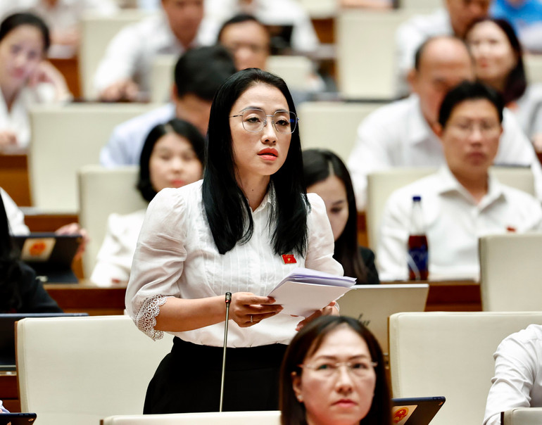 Đại biểu Trần Khánh Thu-Đoàn đại biểu Quốc hội tỉnh Thái Bình phát biểu. (Ảnh: DUY LINH)