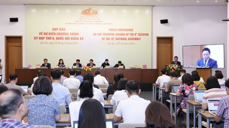 Quang cảnh họp báo về chương trình Kỳ họp thứ 8, Quốc hội Khóa XV. (Ảnh: DUY LINH) Quang cảnh họp báo về chương trình Kỳ họp thứ 8, Quốc hội Khóa XV. (Ảnh: DUY LINH)