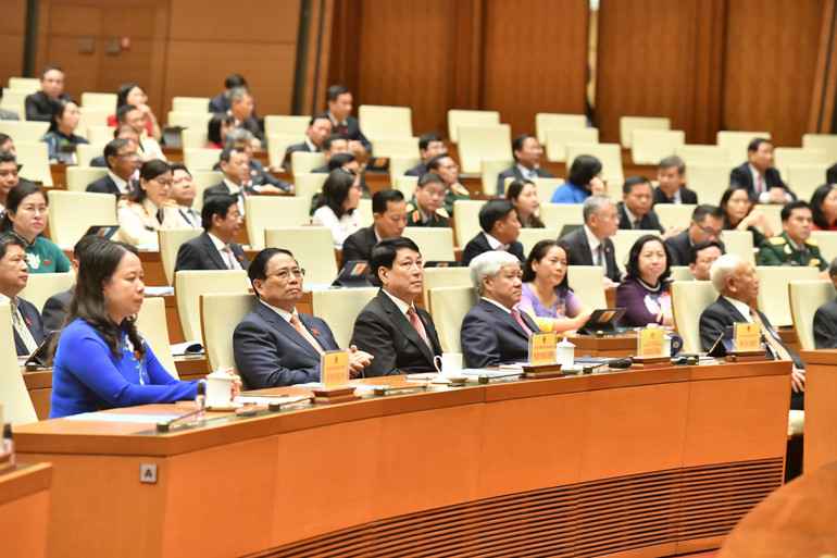 Lãnh đạo Đảng, Nhà nước tham dự phiên họp của Quốc hội sáng 20/5. (Ảnh: LINH KHOA)