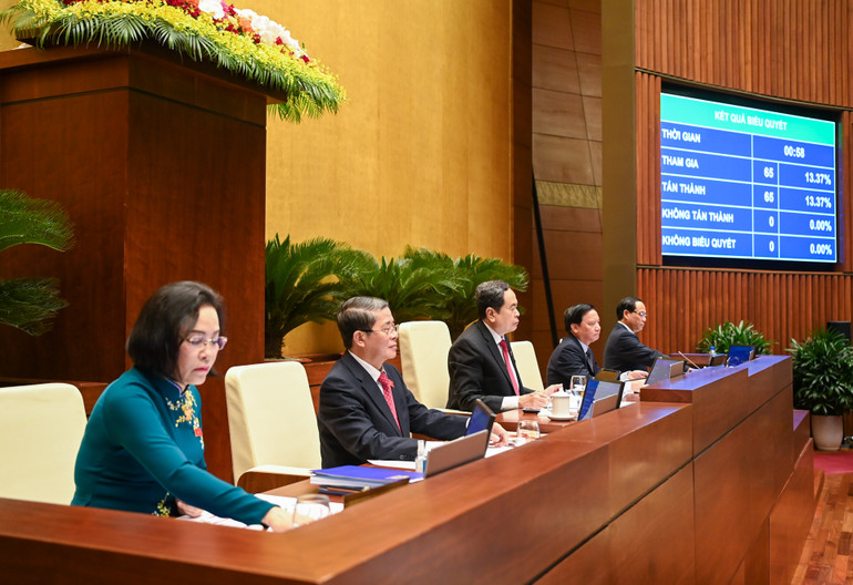 Chủ tịch Quốc hội Trần Thanh Mẫn cùng các Phó Chủ tịch Quốc hội biểu quyết thông qua Luật Quản lý, sử dụng vũ khí, vật liệu nổ và công cụ hỗ trợ (sửa đổi) tại phiên họp sáng 29/6. (Ảnh: DUY LINH)