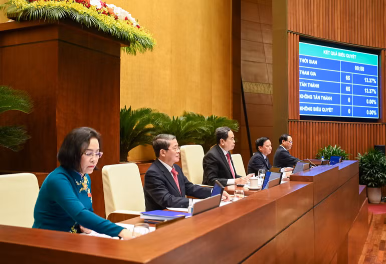 Chủ tịch Quốc hội Trần Thanh Mẫn cùng các Phó Chủ tịch Quốc hội biểu quyết thông qua Luật Quản lý, sử dụng vũ khí, vật liệu nổ và công cụ hỗ trợ (sửa đổi) tại phiên họp sáng 29/6. (Ảnh: DUY LINH)