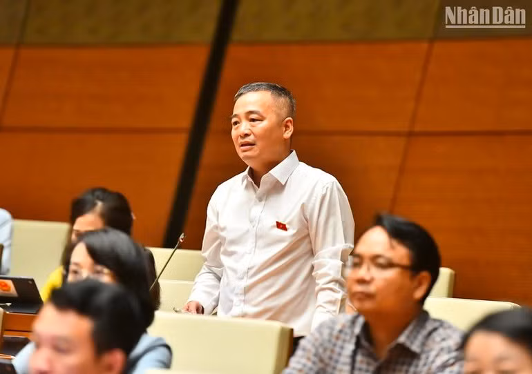 Đại biểu Nguyễn Lân Hiếu - Đoàn đại biểu Quốc hội tỉnh Bình Định đặt câu hỏi chất vấn Bộ trưởng, Chủ nhiệm Ủy ban Dân tộc Hầu A Lềnh tại phiên chất vấn chiều 6/6. (Ảnh: ĐĂNG KHOA)