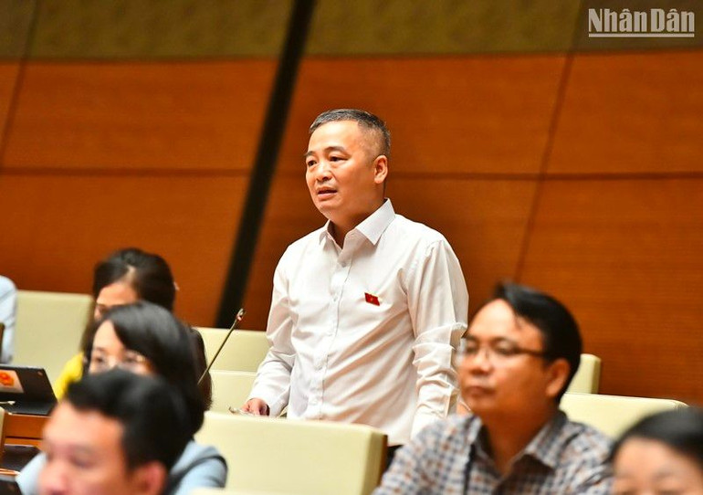 Đại biểu Nguyễn Lân Hiếu - Đoàn đại biểu Quốc hội tỉnh Bình Định đặt câu hỏi chất vấn Bộ trưởng, Chủ nhiệm Ủy ban Dân tộc Hầu A Lềnh tại phiên chất vấn chiều 6/6. (Ảnh: ĐĂNG KHOA)
